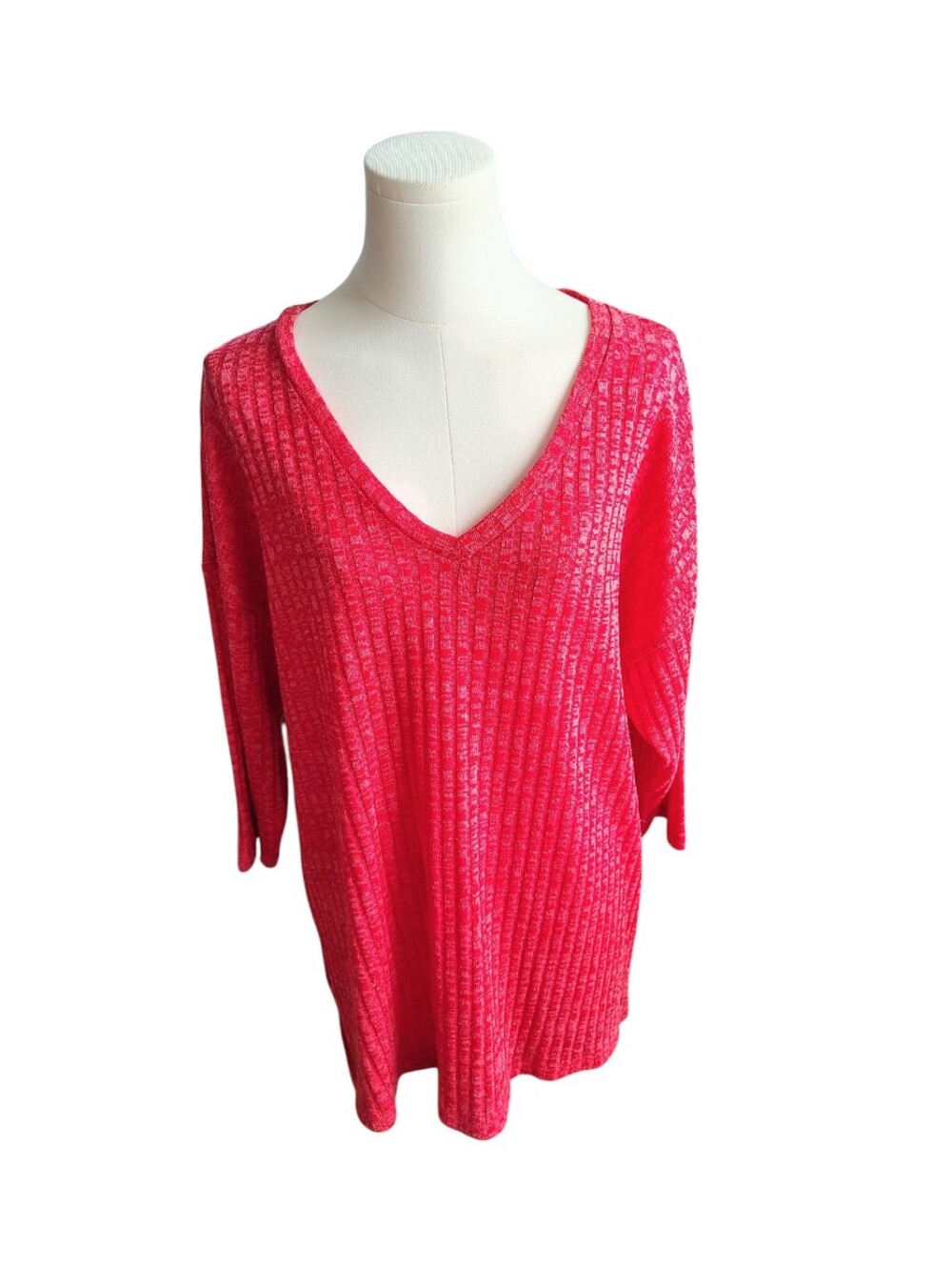 Vintage Faded Glory Red Ribbed High Low Side Slit V-neck Tee Size 1X Plus